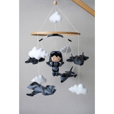 Flying airplanes baby mobile, Pilot boy mobile, Jet planes crib mobile