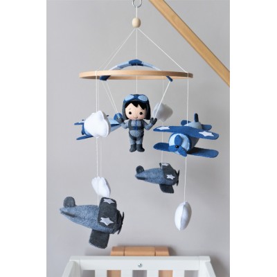 Airplanes baby mobile, Parachutist boy mobile, Boy nursery mobile