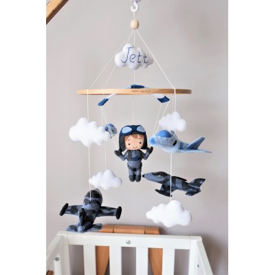 Airplanes baby mobile, Parachutist boy mobile, Jet planes crib mobile